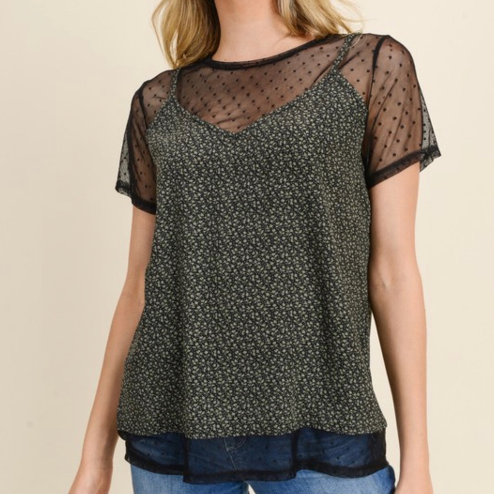 🍦SALE Floral Print Polkadot Mesh Top great under cardigan - Picture 5 of 9